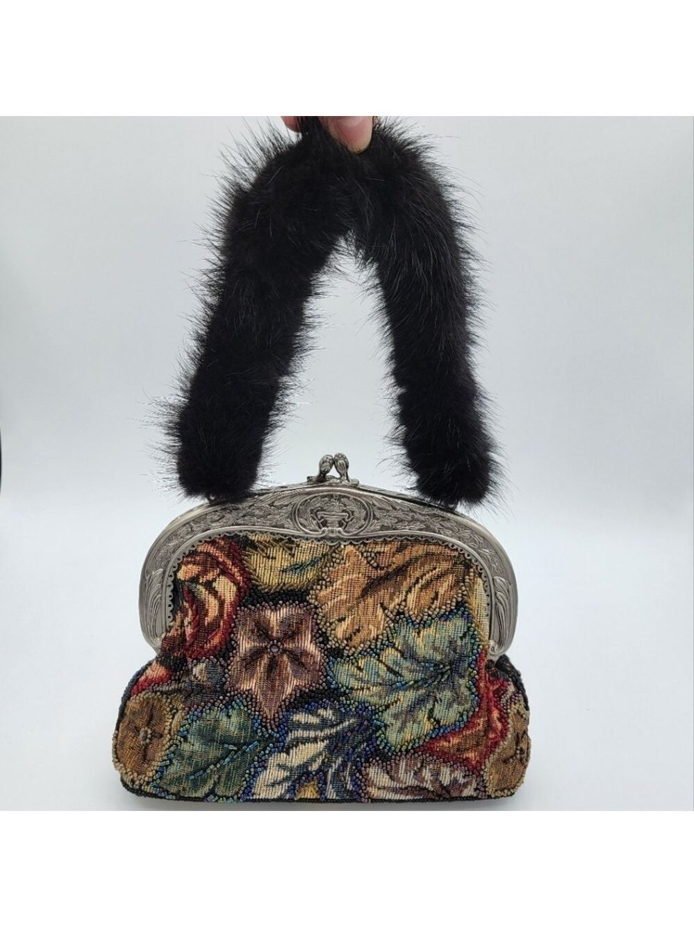 Beaded Evening Tapestry Bag With Fur Handle #2448